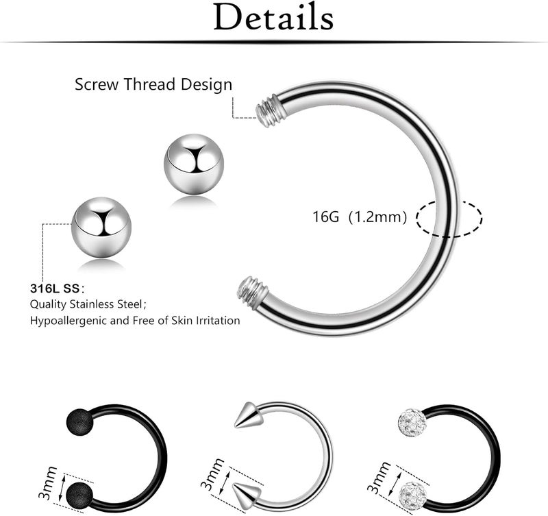 ONESING 20-30 Pcs Septum Rings 16G Septum Jewelry - Surgical Steel Piercings Horseshoe Helix Daith Smiley Tragus Lip Rings Nose Hoop Hinged Seamless Piercing Jewelry for Women Men - Image 2